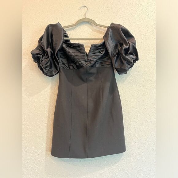 CINQ A SEPT Teo Off Shoulder Puff Sleeve Mini Dress Satin Crepe Black - Picture 8 of 10